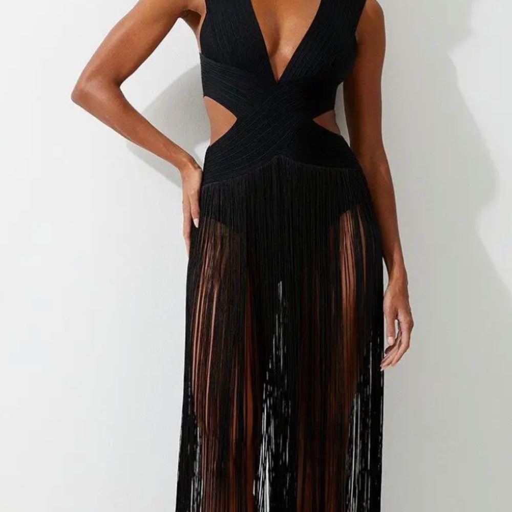 Karen Millen’s Bandage V-Neck Cut Out Fringed Top - Large 2 AVAILABLE NAVY & RED